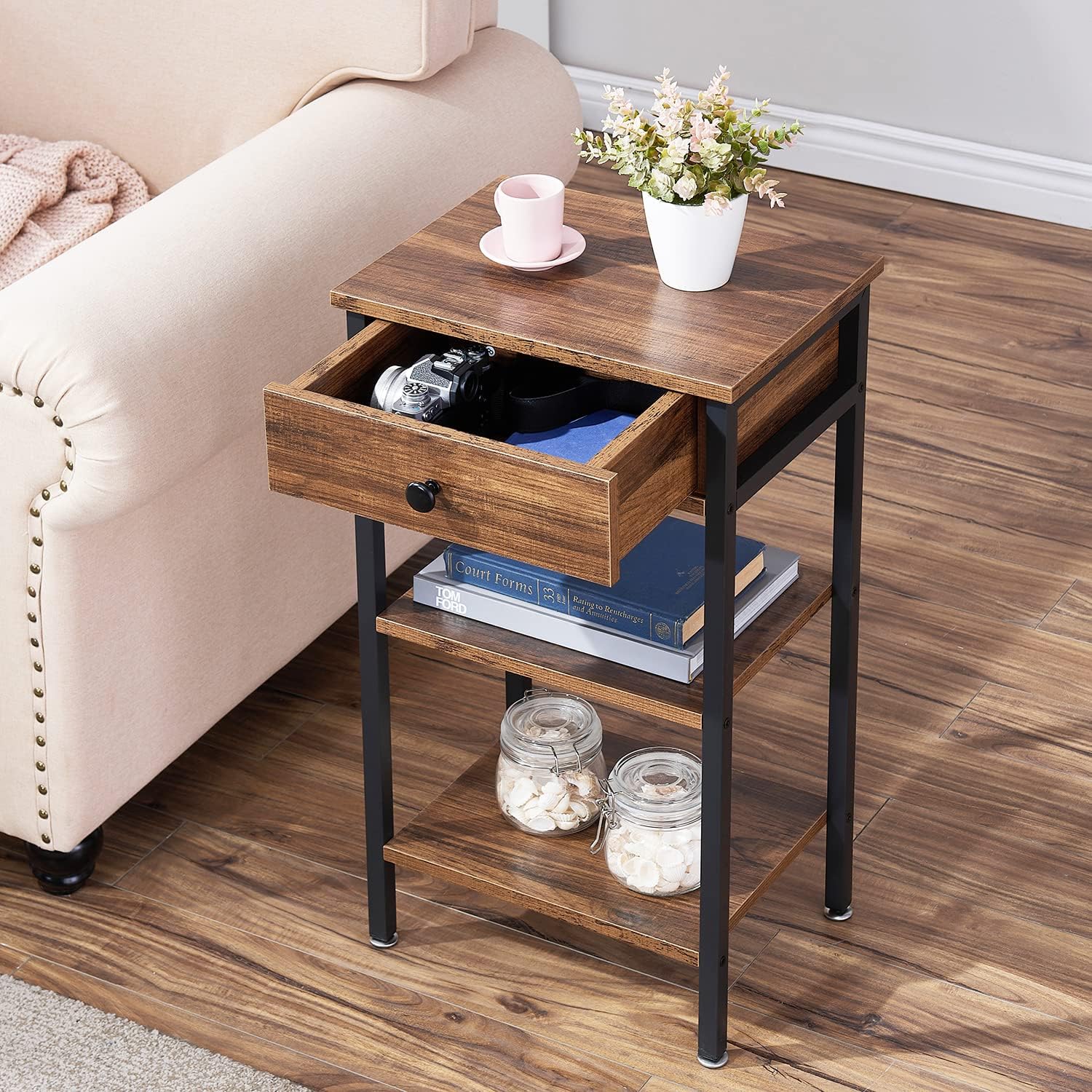 VECELO Tall End Table Set of 2,Nightstand with Drawer and Adjustable Storage Shelf,27.6 inch Side Table for Living Room/Bedroom/Entryway Small Spaces