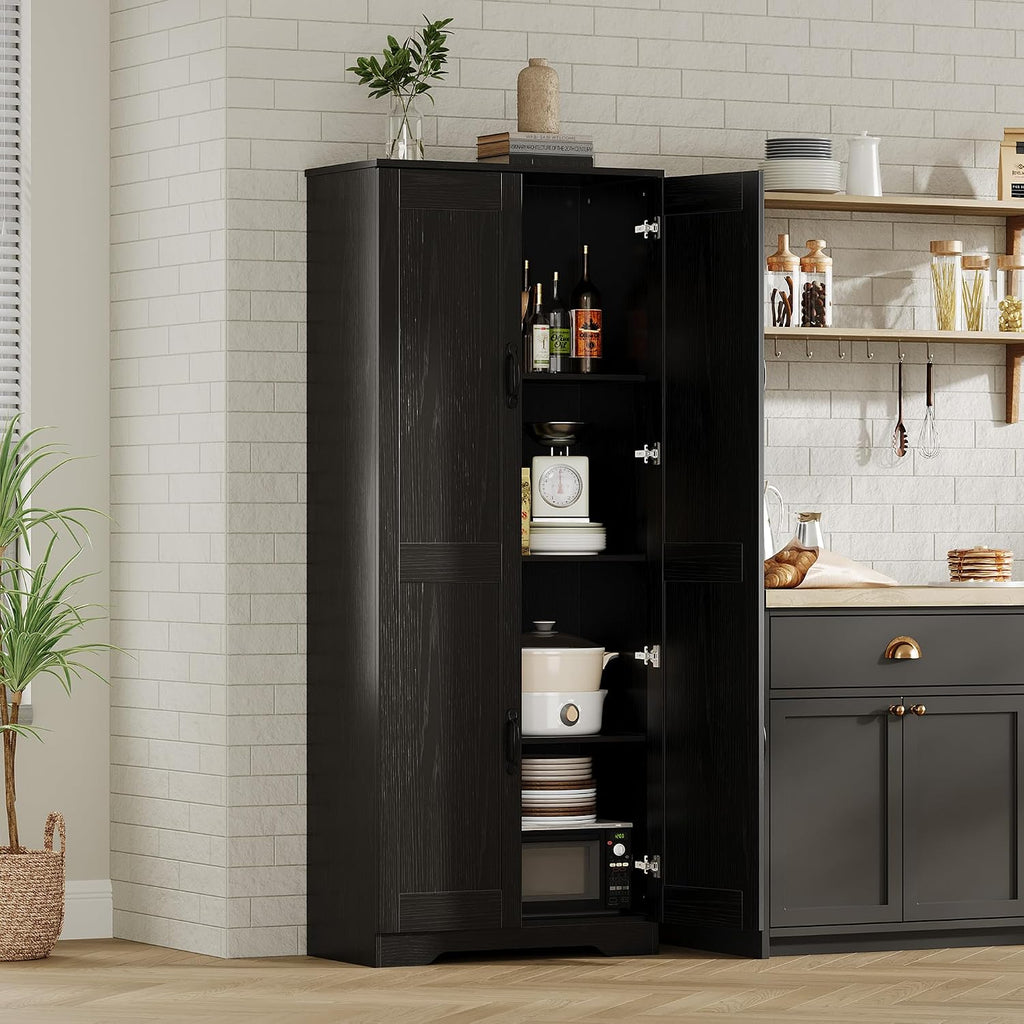 IDEALHOUSE 60" Tall Pantry Cabinet | Kitchen Storage Cabinet with 2 Doors & Adjustable Shelves, Wooden Cupboard for Bathroom，Dining Room, Living Room, Black