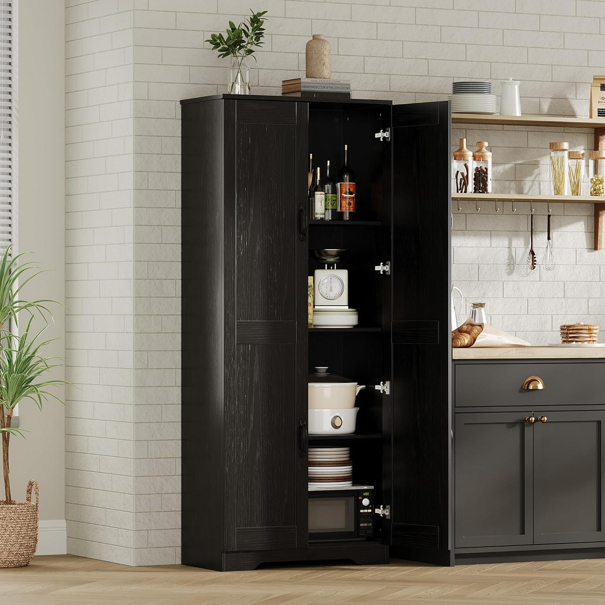GarveeLife Tall Pantry Cabinet with Adjustable Shelves, 60" Freestanding Kitchen Pantry Storage Cabinet with Anti-Tip Device, MDF Cupboard for Kitchen, Bathroom, Living Room, Black