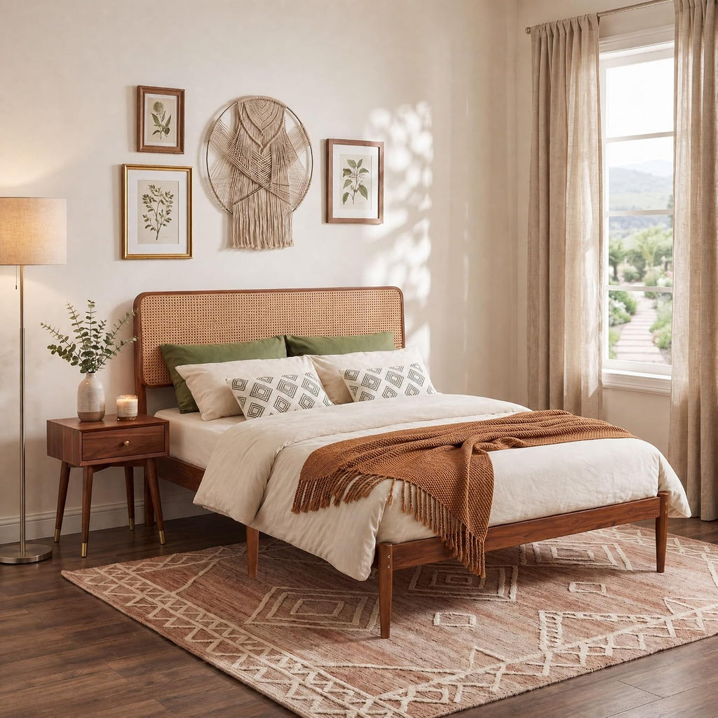 KOMFOTT Queen Size Bed Frame, Wood Platform Bed with PE Rattan Headboard