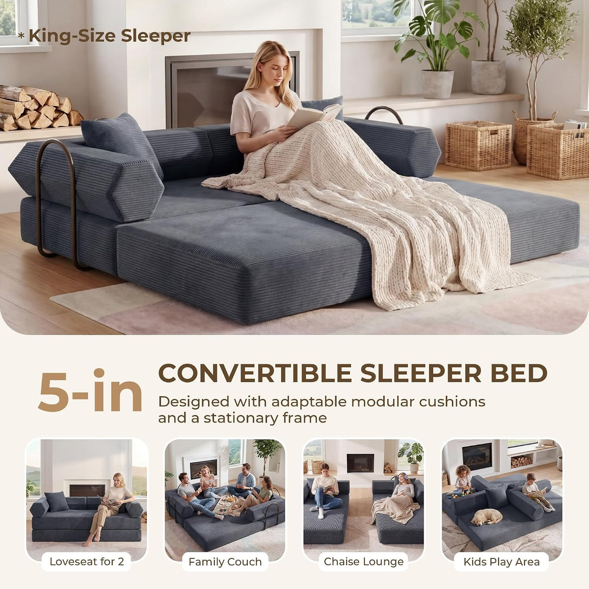 79" Convertible Futon Sofa Bed, Couch for Living Room | Dark Gray | Corduroy Loveseat Sleeper Sofa, Modular Futon Couch with Pocket Spring Core, Pull Out Couch No Assembly