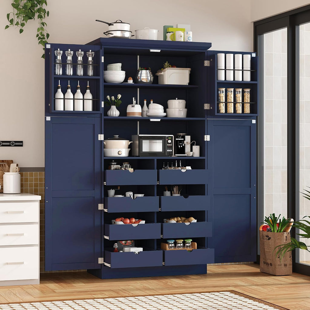 Freestanding Kitchen Pantry 35.5"x17.6"x70.9" Modern Pantry Cabinet with 4 Doors, 2 Door Shelves, 8 Pull-Out Trays and Adjustable Shelf Storage Cabinet Cupboard for Kitchen, Dining Room, Blue