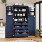 Freestanding Kitchen Pantry 35.5"x17.6"x70.9" Modern Pantry Cabinet with 4 Doors, 2 Door Shelves, 8 Pull-Out Trays and Adjustable Shelf Storage Cabinet Cupboard for Kitchen, Dining Room, Blue