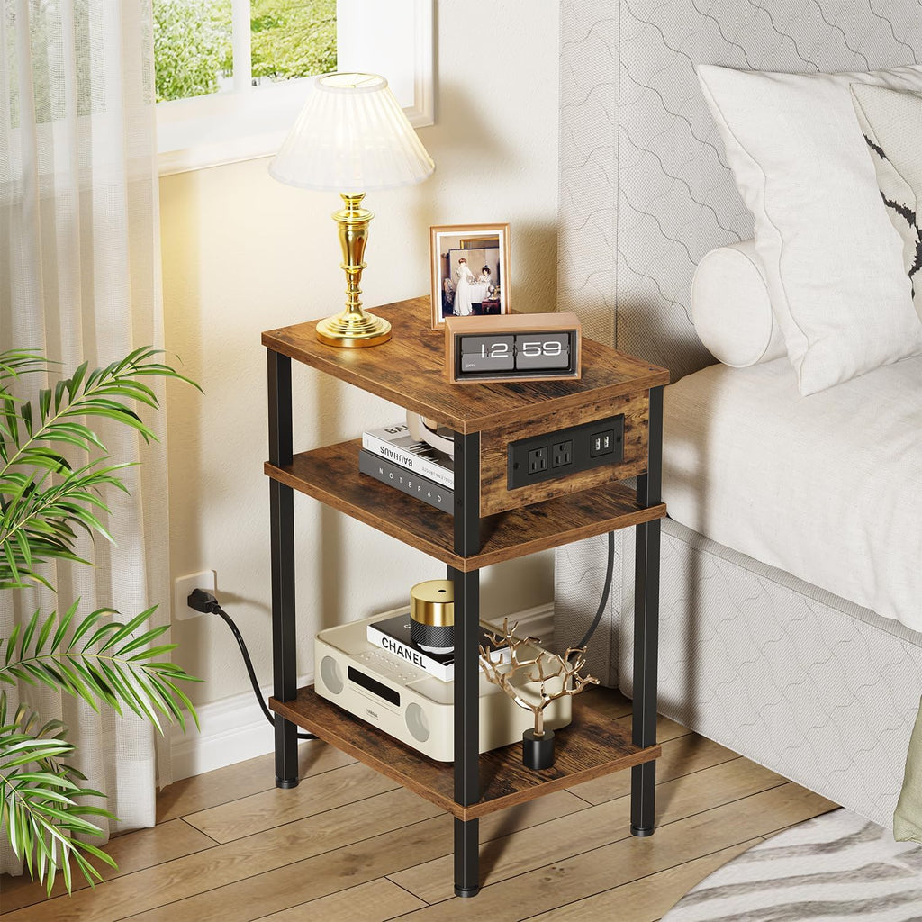 Creso hom Side Table with Charging Station, End Tables Living Room, 21.7 Inch Skinny Night Stand with Storage, Small Bedside Tables for Bedroom, Office, Dorm, Hallway, Rustic Brown