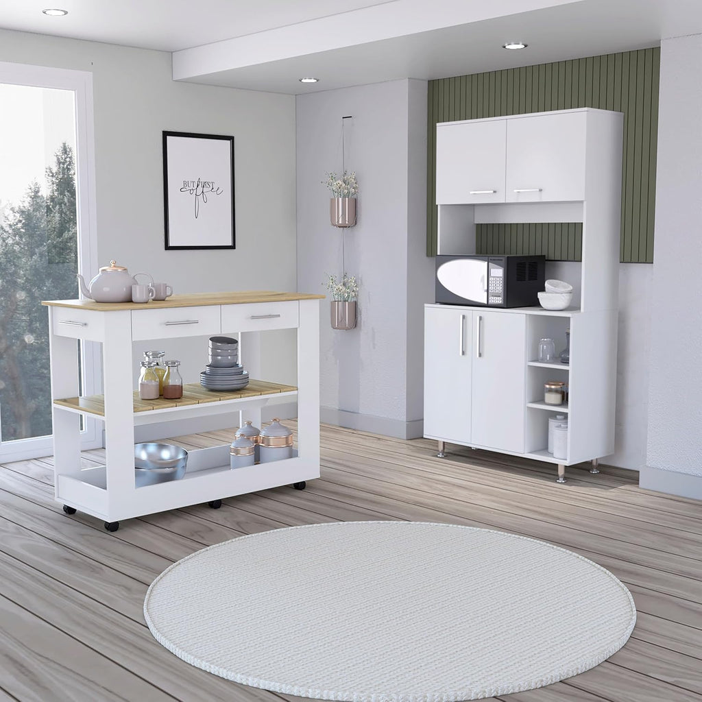 Nadina 4-Door 2-Drawer 2-Piece Kitchen Set, Kitchen Island and Kitchen Pantry White and Light Oak