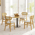 GOFLAME Wooden Dining Chairs Set of 4, Mid-Century Modern Kitchen Chairs with Upholstered Seat & Rattan Backrest, Faux Leather Cover, Armless Side Chairs for Dining Room, Restaurant, White