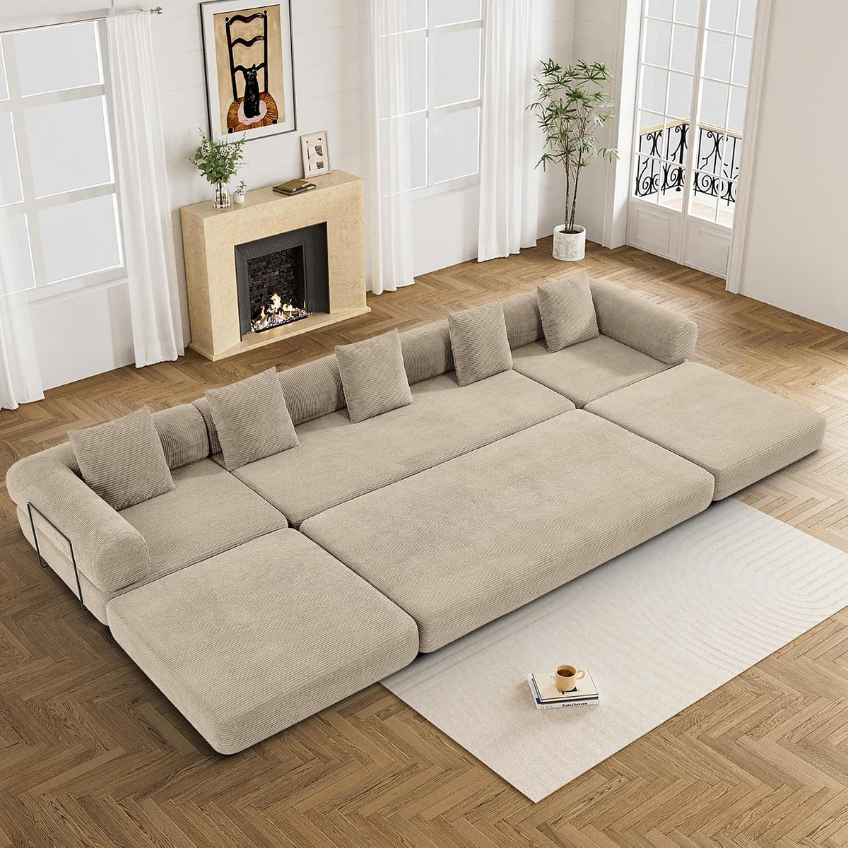DAMAIFROM Convertible Sleeper Sofa Bed Floor Couch, Light Brown | 158" Corduroy Modular Compressed Futon Sofa Bed, Pull-Out Cloud Sectional Couch with Memory Foam Mattress for Living Room