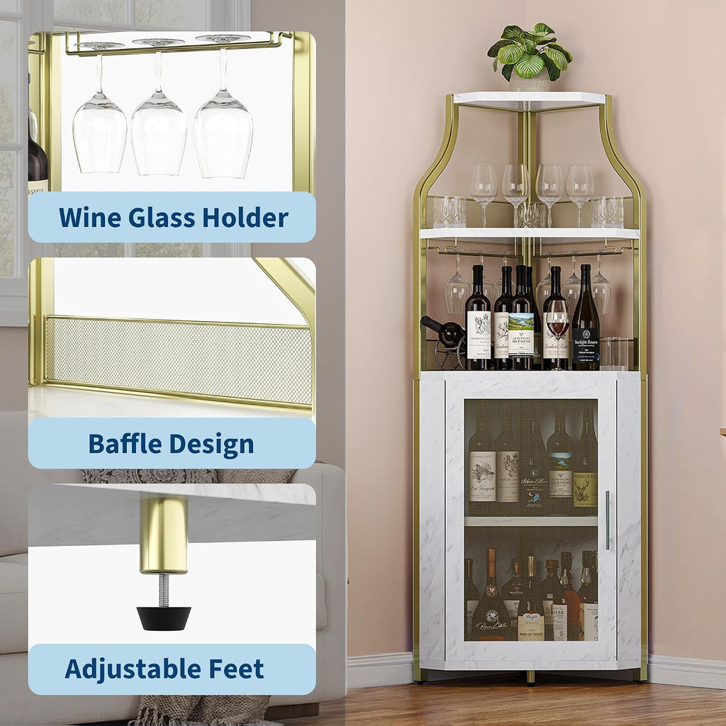GarveeHome Corner Wine Cabinet with Detachable Wine Rack, 5-Tier Industrial Corner Bar Cabinet with Barn Door and Glass Holder, Farmhouse Buffet Cabinet and Home Bar, Gold
