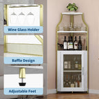 GarveeHome Corner Wine Cabinet with Detachable Wine Rack, 5-Tier Industrial Corner Bar Cabinet with Barn Door and Glass Holder, Farmhouse Buffet Cabinet and Home Bar, Gold