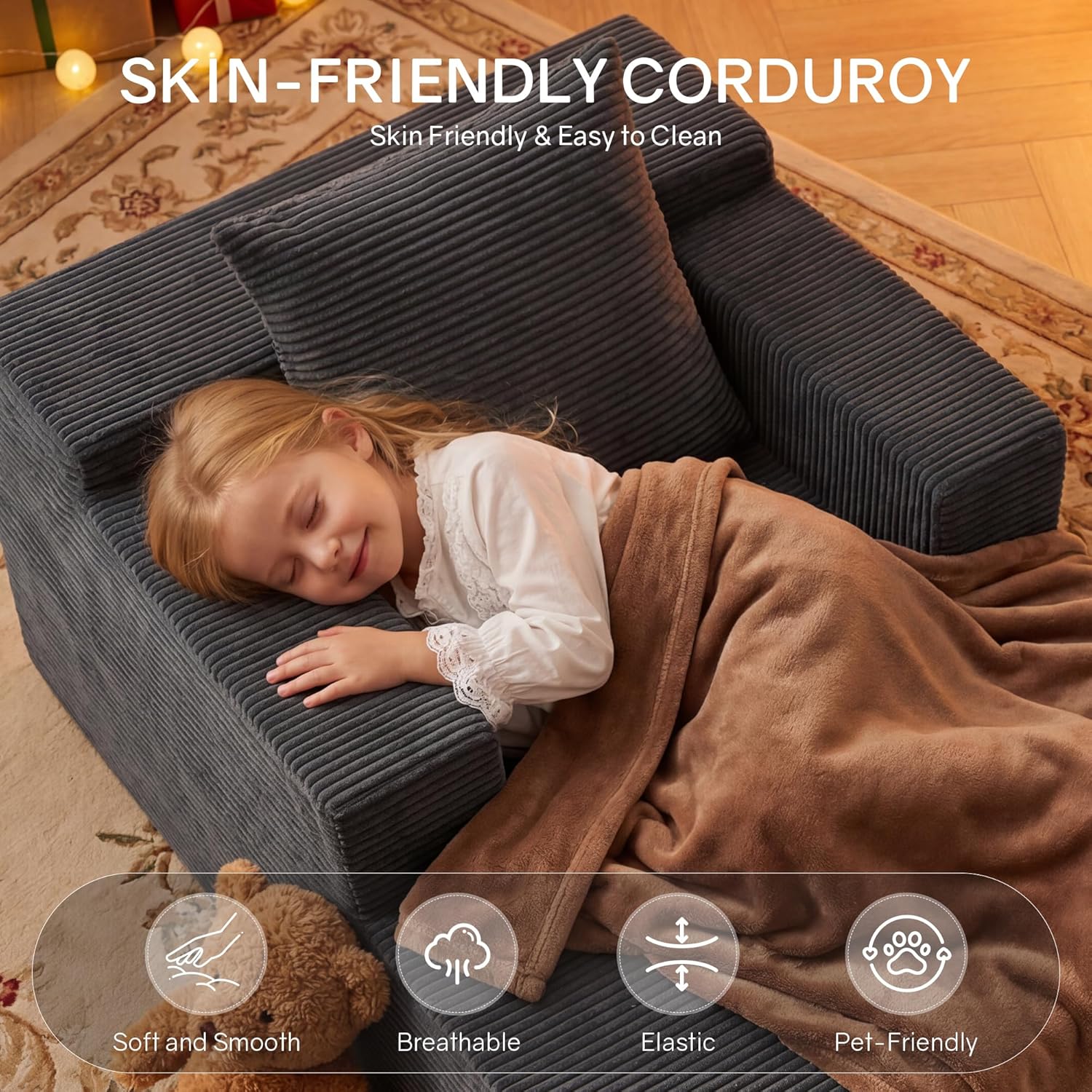GRUSIGN 45" Chaise Lounge Chair Indoor, Corduroy Floor Sofa Bed, Deep Seat Sleeper Couch Reading Chairs for Bedroom Living Room, Movie Room | No-Assembly