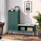 Storage Bench with Fluted Door&Shelf, Modern Entryway Bench with Padded Seat, L-Shaped Shoe Organizer Cabinet for Hallway, Living Room, Office, Green