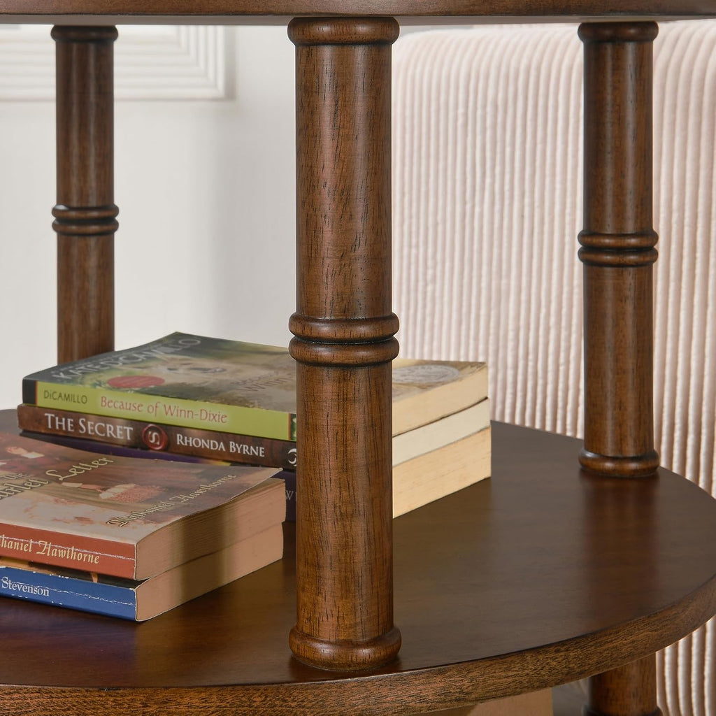 Round End Table with Storage Shelf, 19.7" High Sofa Side Table- with Bamboo Design, 3-Tier Beside Tables, Modern Telephone Tables- for Living Room, Corner, No-Tools Assembly, Walnut YBZ-D4166-LWA