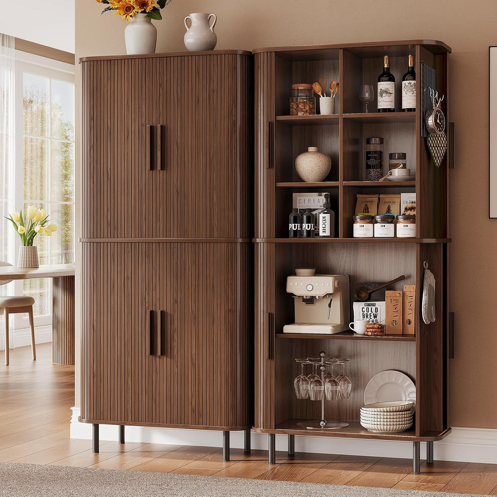 71" Tall Fluted Pantry Cabinet, Mid-Century Modern Kitchen Pantry Storage Cabinet with 2 Pegboards, 10 Hooks, Freestanding Cupboard with 4 Adjustable Shelves, Sliding Doors for Dining Room