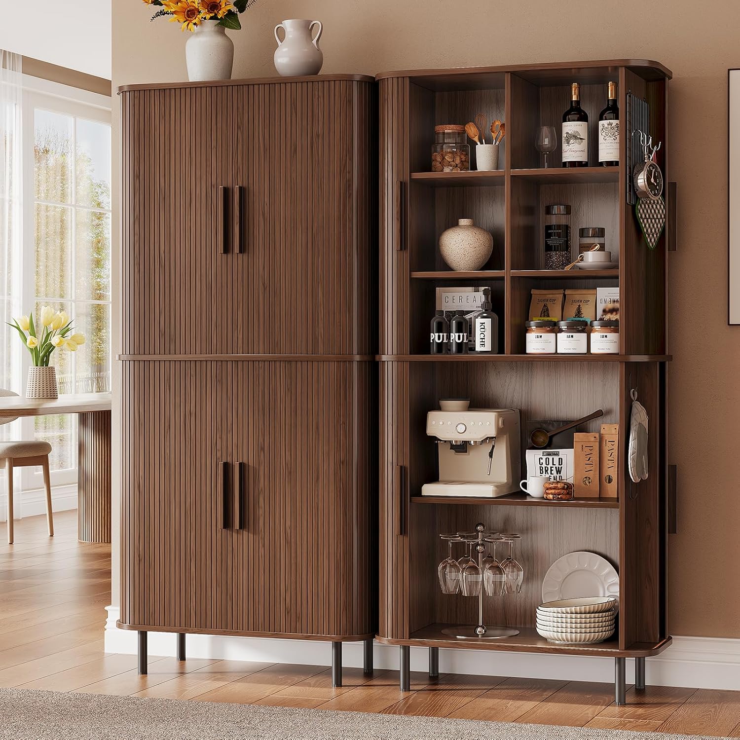 71" Tall Fluted Pantry Cabinet, Mid-Century Modern Kitchen Pantry Storage Cabinet with 2 Pegboards, 10 Hooks, Freestanding Cupboard with 4 Adjustable Shelves, Sliding Doors for Dining Room