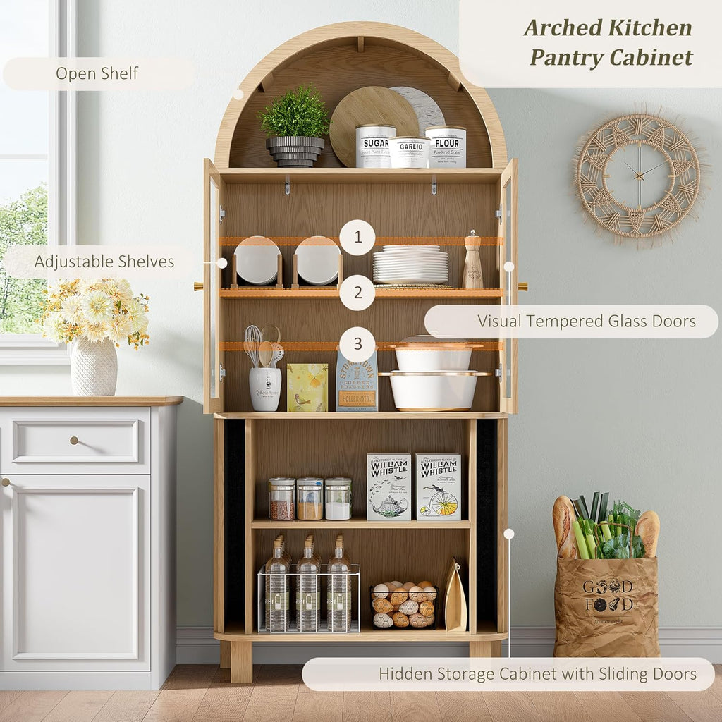69" Tall Kitchen Pantry Storage Cabinet with Sliding Door, Modern Curved Edge Pantry Storage Cabinet with Glass Door & Adjustable Shelves, Oak Cupboard for Kitchen, Dining Room, Living Room, Office