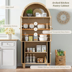 69" Tall Kitchen Pantry Storage Cabinet with Sliding Door, Modern Curved Edge Pantry Storage Cabinet with Glass Door & Adjustable Shelves, Oak Cupboard for Kitchen, Dining Room, Living Room, Office
