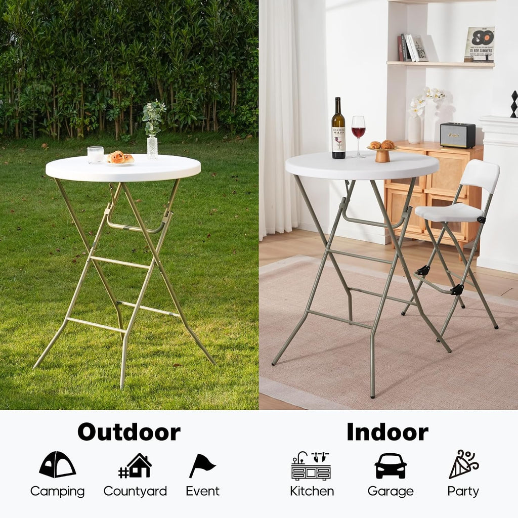 32" Round Folding Table, Portable Bar Height Folding Table with Detachable Legs, Round Foldable Table with HDPE Top for Standing Parties, Balcony, Event, Indoor Outdoor Use (White, 2 Pack)