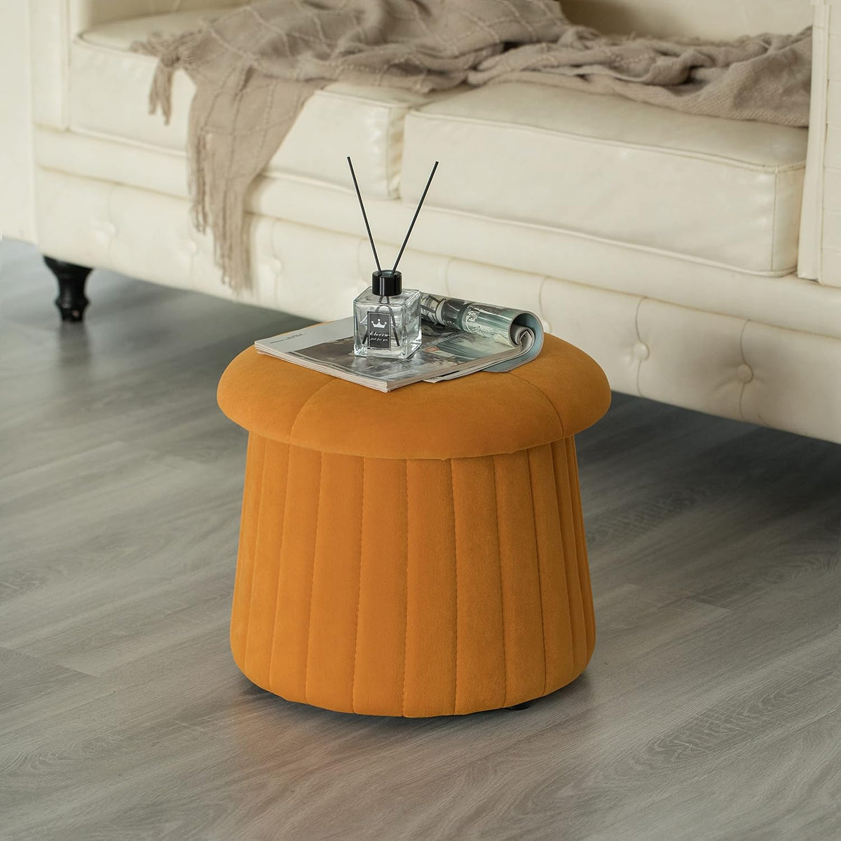 Fabulaxe Modern Tufted Velvet Mushroom Shape Storage Ottoman Storage Stool Trunk, Mustard Yellow