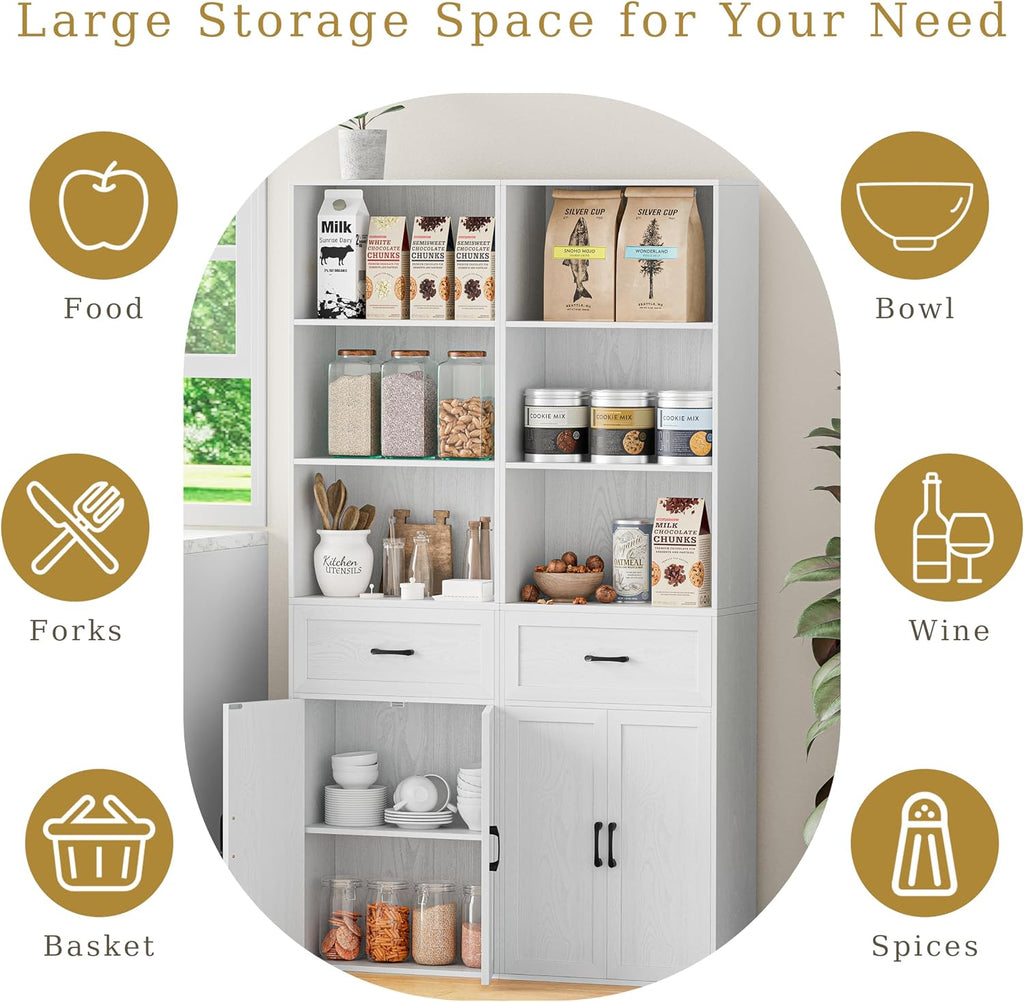 67" Tall Kitchen Pantry Storage Cabinet, Modern Freestanding Food Storage Unit with Doors, 4 Tier Open Shelves, Cupboard for Small Kitchen, Mudroom or Hallway (White, with Drawer)