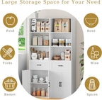 67" Tall Kitchen Pantry Storage Cabinet, Modern Freestanding Food Storage Unit with Doors, 4 Tier Open Shelves, Cupboard for Small Kitchen, Mudroom or Hallway (White, with Drawer)