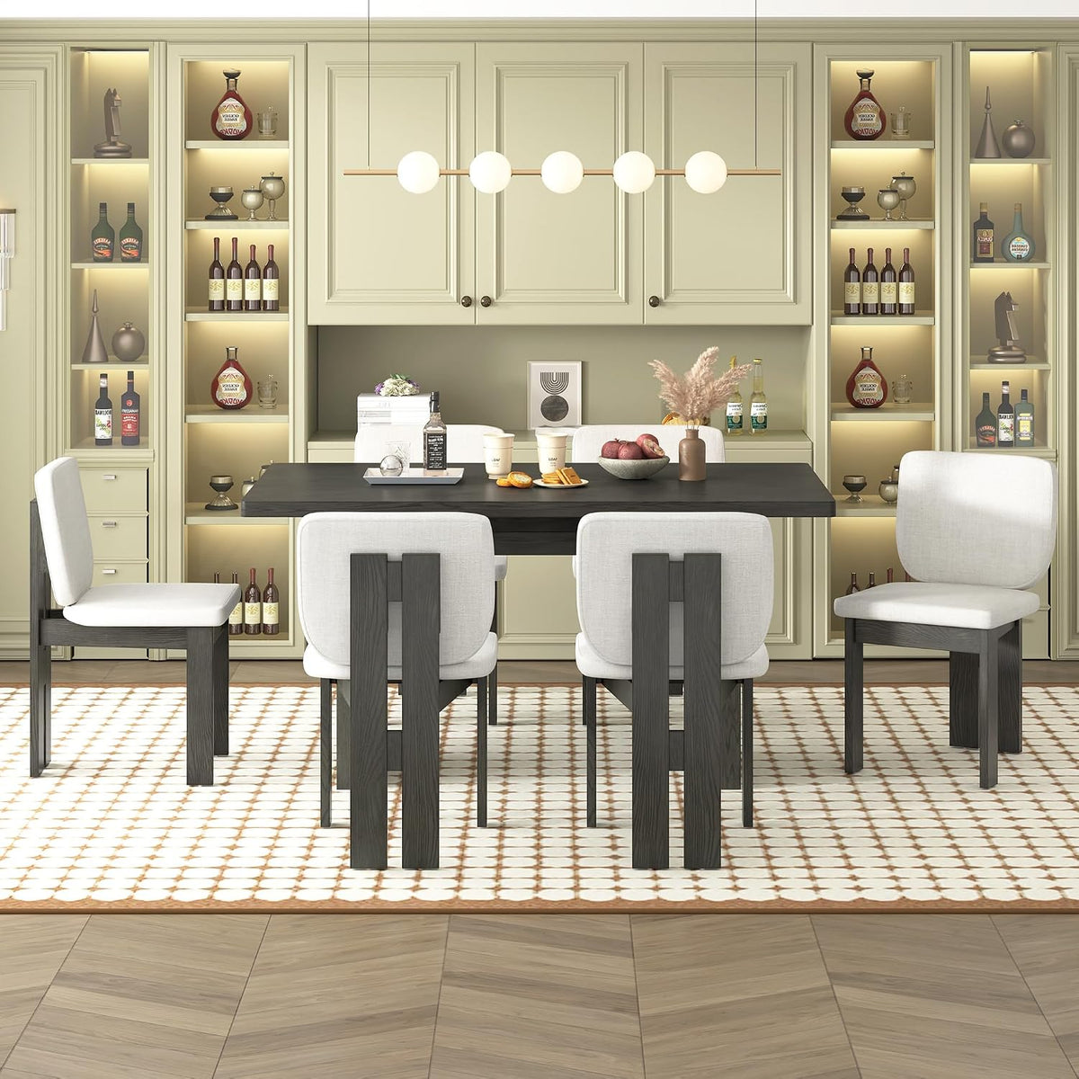 Merax Wood Dining Table Set for 6, Rectangular Tabletop/Upholstered Chairs/Retro Geometric Design, Ideal for Dining-Room and Kitchen, Grey