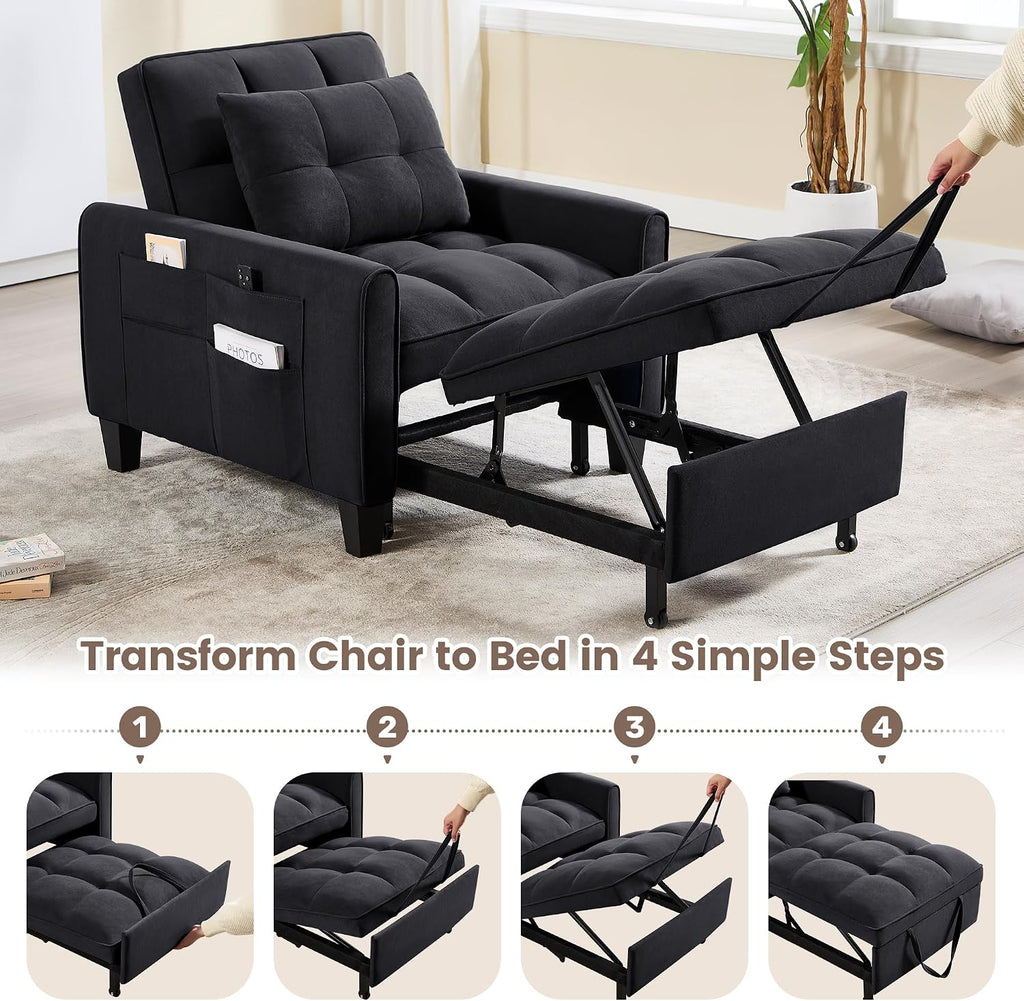 Convertible Sleeper Chair, 3 in 1 Sleeper Chair Bed Pull Out Sofa Bed Chairs, Single Sofa with Adjustable Backrest for Adults Reading Living Room, Bedroom, Velvet Black