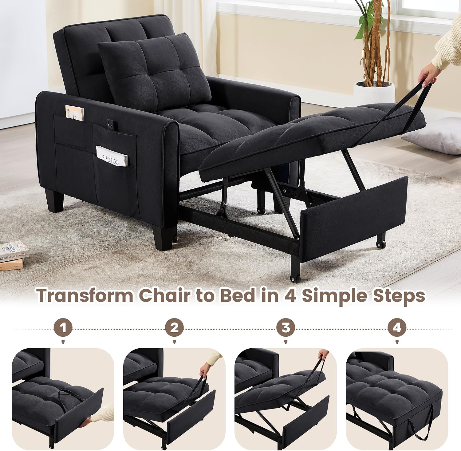 Convertible Sleeper Chair, 3 in 1 Sleeper Chair Bed Pull Out Sofa Bed Chairs, Single Sofa with Adjustable Backrest for Adults Reading Living Room, Bedroom, Velvet Black