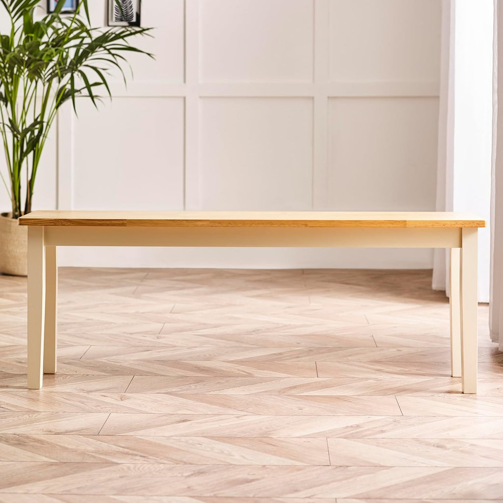 Furniturebox UK Large Wood Dining Bench - Tenby Cream Wood Indoor Bench Stool - Dining Kitchen Bedroom - Pale Oak Stain Seat Cream Legs Take on Traditional Farmhouse Dining Furniture