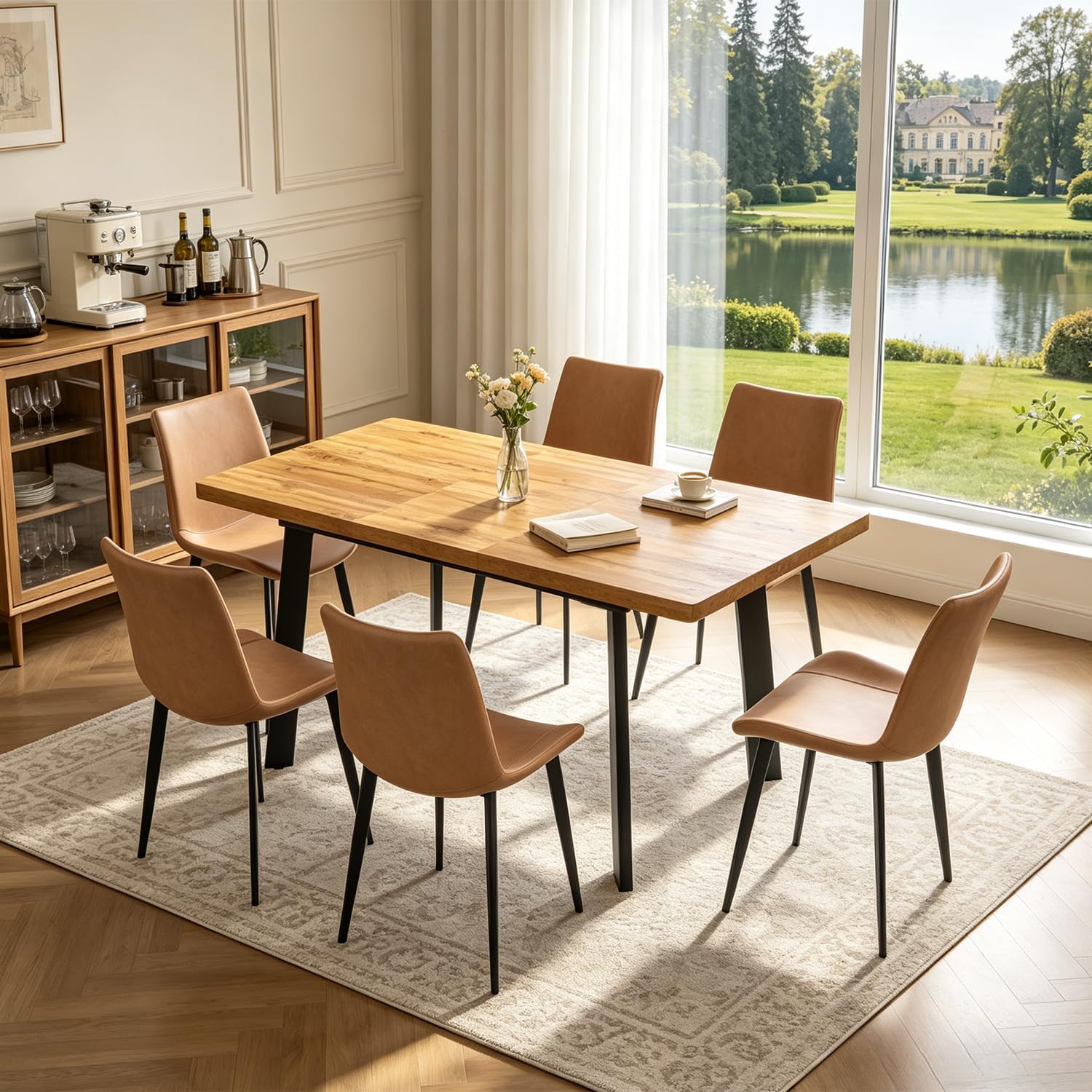 47.2"-63" Expandable Dining Room Table Set for 4-8 People, Walnut | Removable Extension Leaf, Durable MDF Rectangle Top, 6 Brown Sleek Faux Leather Chairs, Heavy Duty Modern Kitchen Table Set