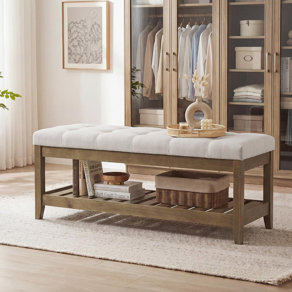 SONGMICS Storage Ottoman with Solid Wood Frame, 42.9 x 15.7 x 17.7 Inches | Upholstered Bed Bench, Footrest, Tufted Cushion, Easy Assembly, Summer Sand, MARY Collection ULSF009LF01