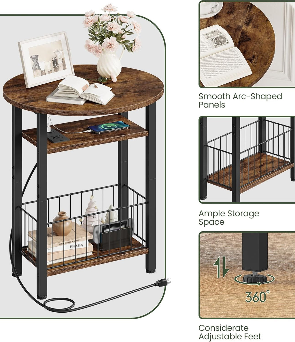 Folding Side Table with Charging Station, 3-Tier Narrow End Couch Table with Folding Top, Storage Basket, Round Side Table for Small Spaces, for Sofa Living Room, Bedroom, Rustic Brown TBZ10UBF