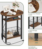 Folding Side Table with Charging Station, 3-Tier Narrow End Couch Table with Folding Top, Storage Basket, Round Side Table for Small Spaces, for Sofa Living Room, Bedroom, Rustic Brown TBZ10UBF