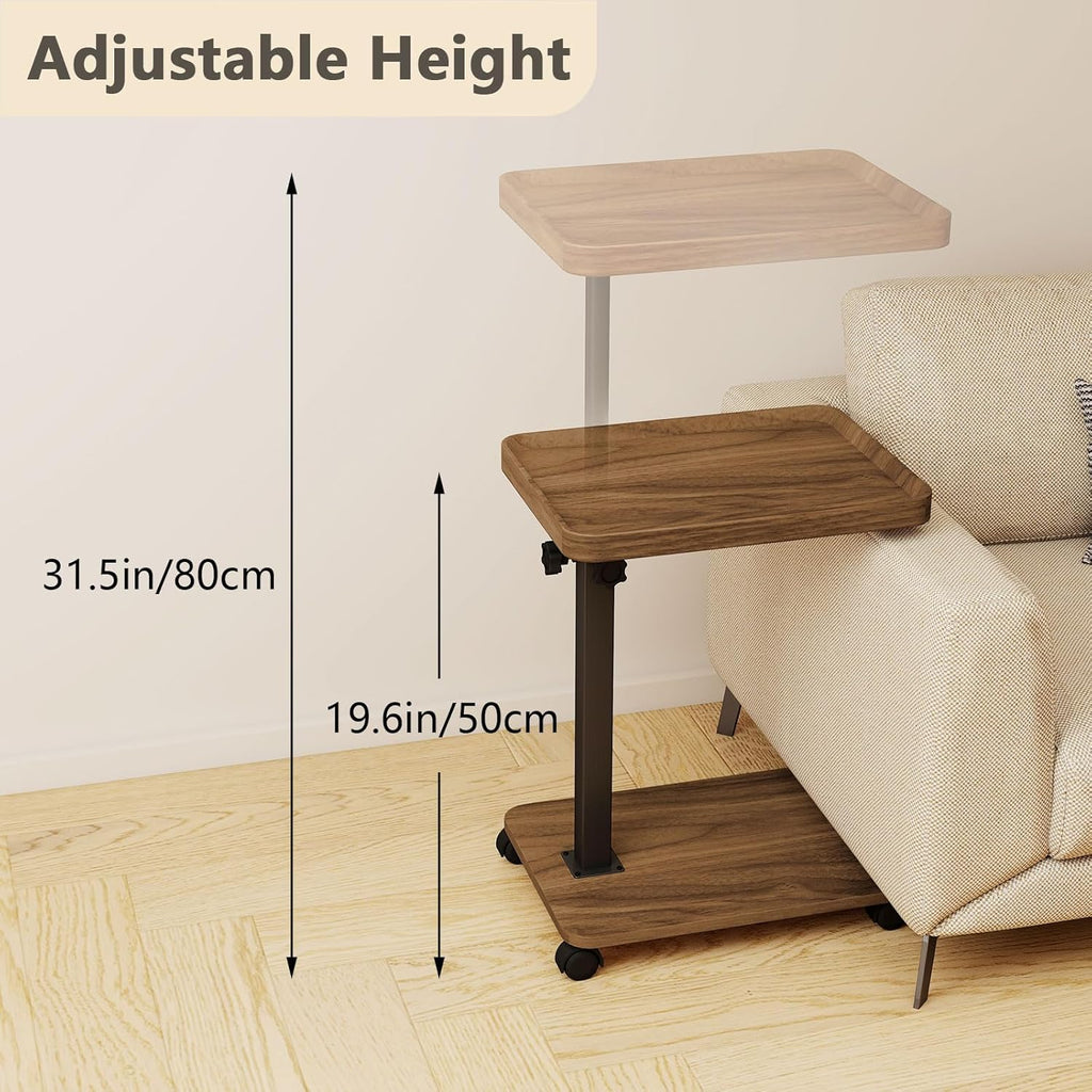 End Table, Adjustable Height Side Table, 360° Rotating MDF Veneer Sofa Side Table with Lockable Wheels, C-Shaped TV Tray Table for Living Room Bedroom (Walnut Brown)