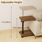 End Table, Adjustable Height Side Table, 360° Rotating MDF Veneer Sofa Side Table with Lockable Wheels, C-Shaped TV Tray Table for Living Room Bedroom (Walnut Brown)