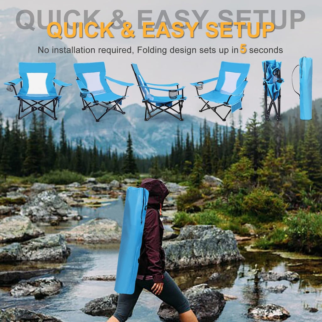 Joyfair Beach Camping Chair (2 Pack), Folding Chair for Adults (Blue) | Heavy Duty Outdoor Portable Chair with Armrest for Outside Lawn, Sport, Fishing, Cup Holder & Storage Pocket, Carry Bag