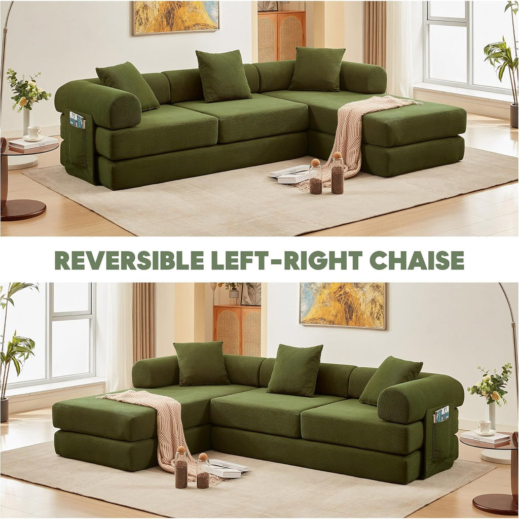 L Shaped Modular Sofa Bed with Cylindrical Pillow & Reversible Chaise, Corduroy Folding Floor Convertible Sofa Couch Bed with Fixed-Shape Frame & Storage Pocket for Living Room, Green