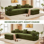 L Shaped Modular Sofa Bed with Cylindrical Pillow & Reversible Chaise, Corduroy Folding Floor Convertible Sofa Couch Bed with Fixed-Shape Frame & Storage Pocket for Living Room, Green