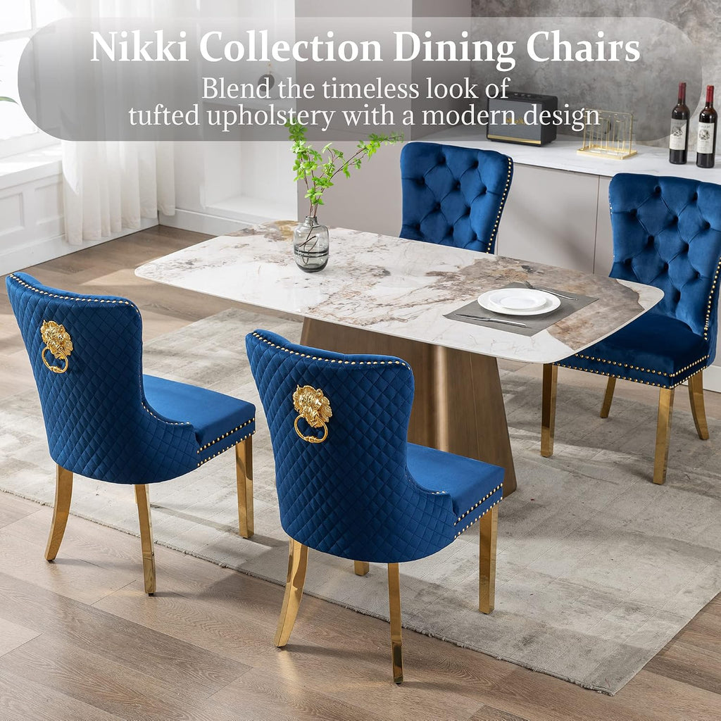 Dining Chairs Set of 6, High-end Back Lion Head Ring with Rhomboid Pattern | Elegant Button Tufting, Add Luxury to Dining Room, Bedroom, or Living Space, Durable Easy-clean Blue Velvet, Gold Legs
