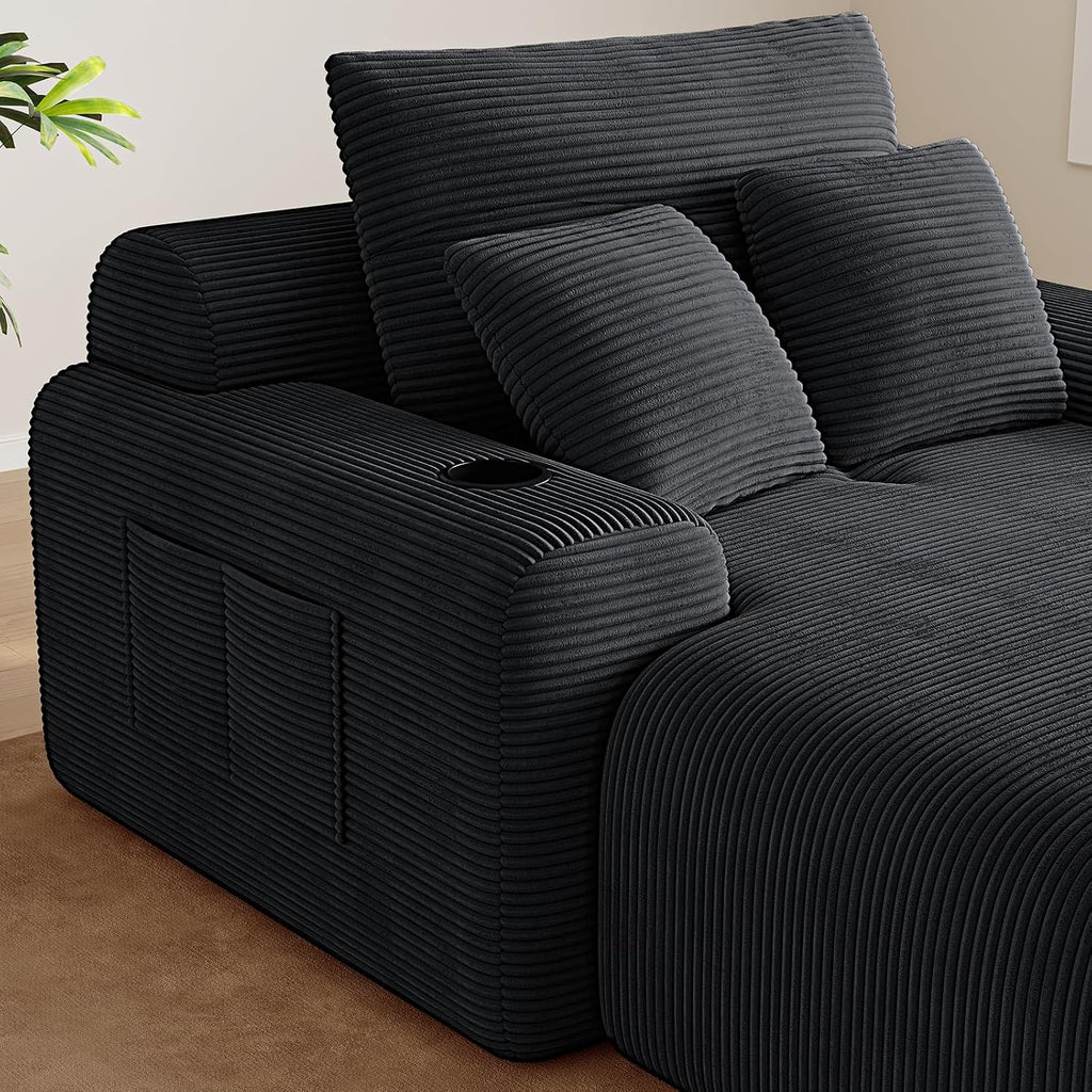 69” Oversized Chaise Lounge Chair Indoor, Soft Floor Chaise Lounge Reading Chairs with 4 Side Pockets and 2 Cup Holders, Comfy Corduroy Sleeper Sofa Bed for Living Room Bedroom, Black