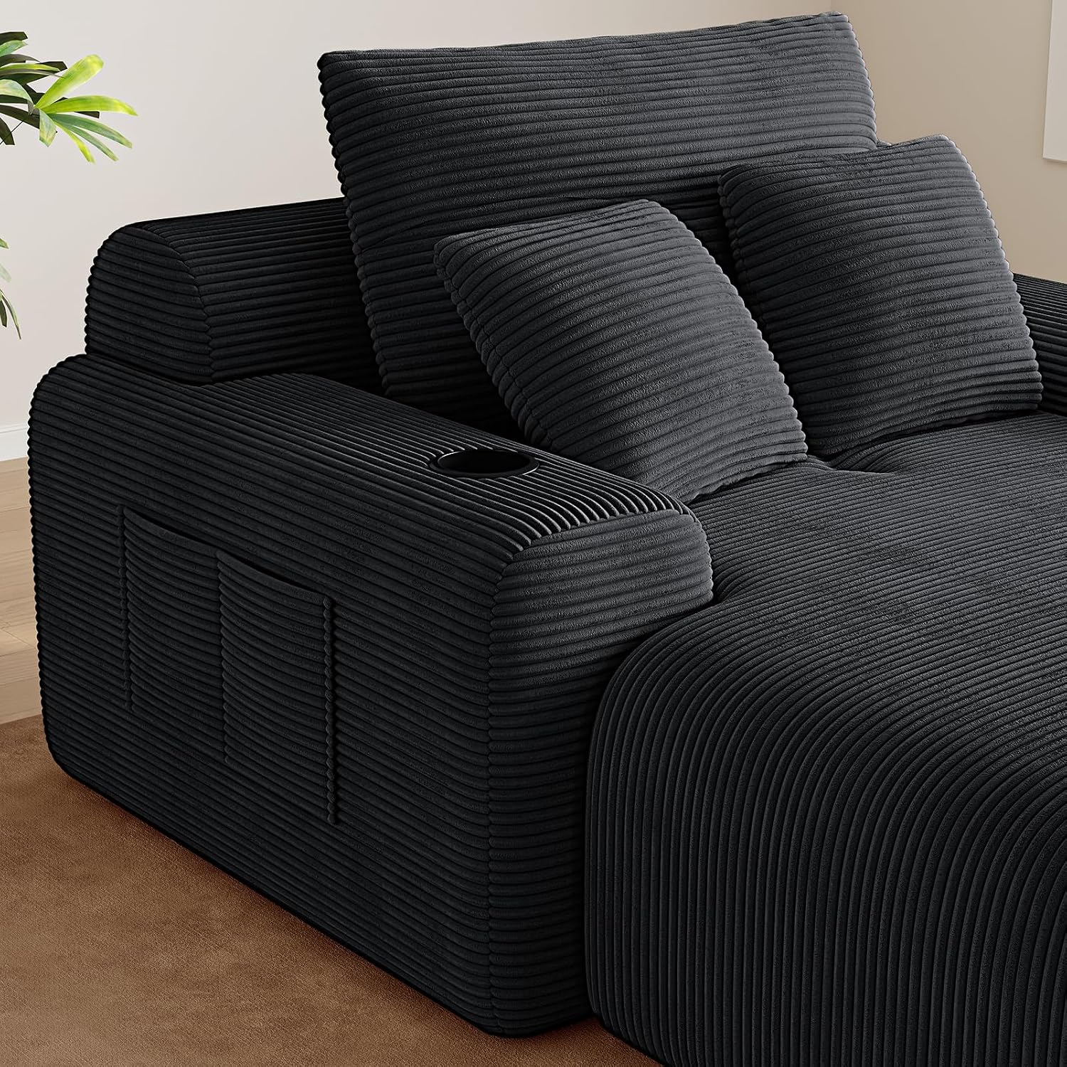69” Oversized Chaise Lounge Chair Indoor, Soft Floor Chaise Lounge Reading Chairs with 4 Side Pockets and 2 Cup Holders, Comfy Corduroy Sleeper Sofa Bed for Living Room Bedroom, Black