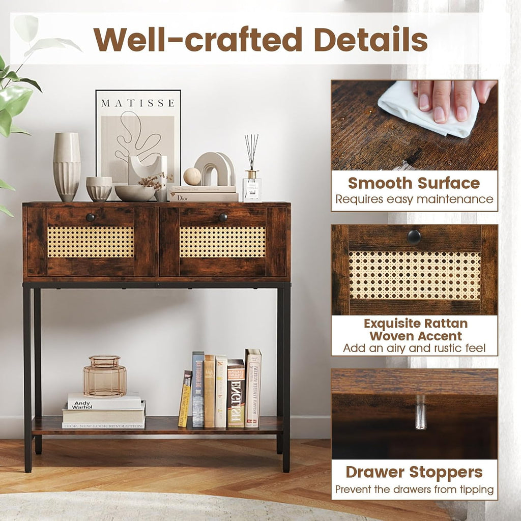 GOFLAME Rattan Console Table, Boho Entryway Table with 2 Drawers & Open Storage Shelf, Narrow Long Sofa Table with Metal Legs, Foyer Table Behind Couch Table for Living Room, Hallway, Rustic Brown
