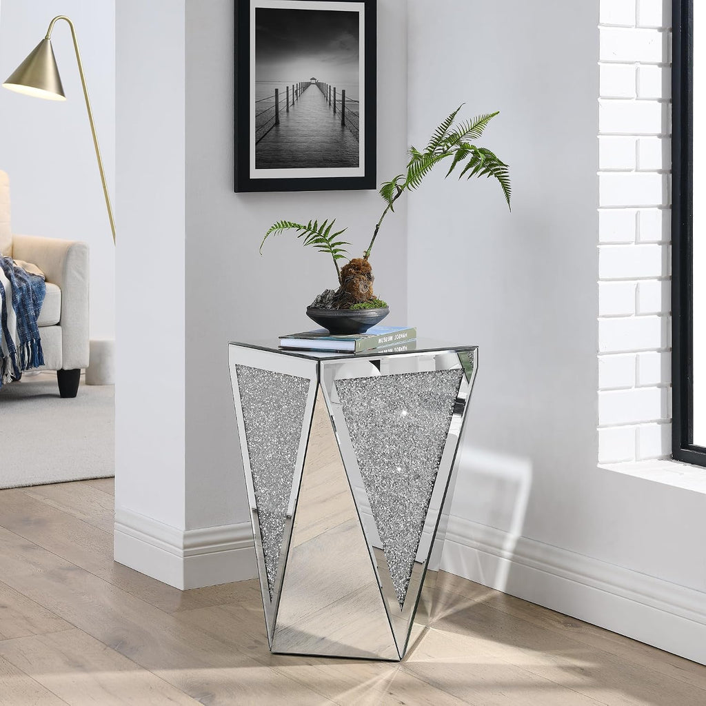 Crystal Mirrored Side Table, Living Room Side Table Sofa Couch Side Tables, Mid Century Modern End Table Accent Table, Small End Table Bedside Tables Mirrored Nightstand for Bedroom Corner