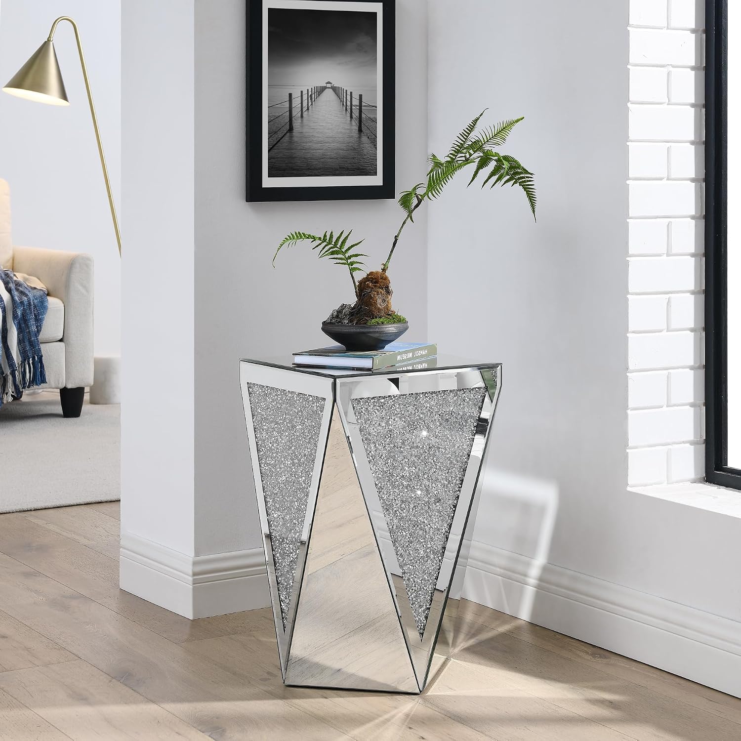 Crystal Mirrored Side Table, Living Room Side Table Sofa Couch Side Tables, Mid Century Modern End Table Accent Table, Small End Table Bedside Tables Mirrored Nightstand for Bedroom Corner