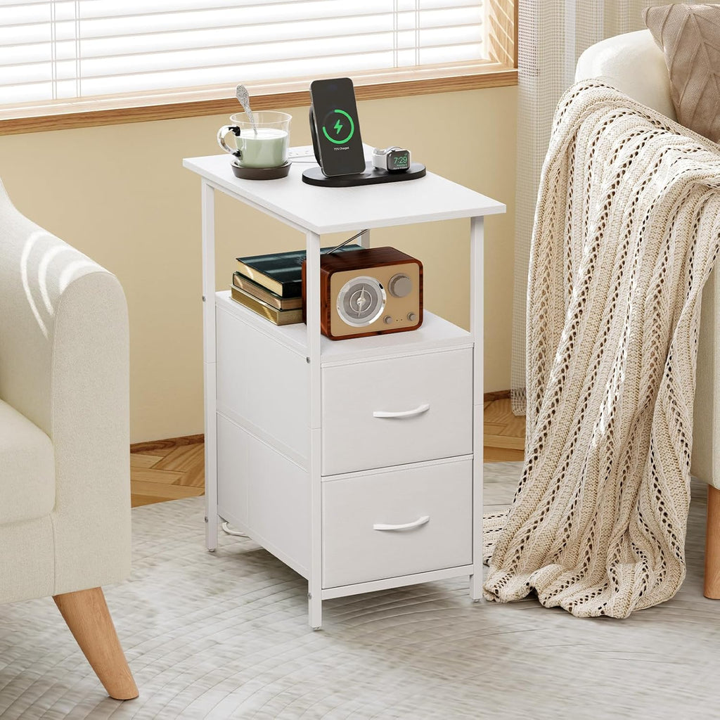 Somdot End Table with Charging Station, Narrow Side Table with 2 Fabric Drawers, Skinny Nightstand with Storage, Small Slim Bedside Table for Living Room, Sofa, Bedroom, Couch, White Leather