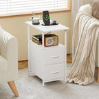 Somdot End Table with Charging Station, Narrow Side Table with 2 Fabric Drawers, Skinny Nightstand with Storage, Small Slim Bedside Table for Living Room, Sofa, Bedroom, Couch, White Leather