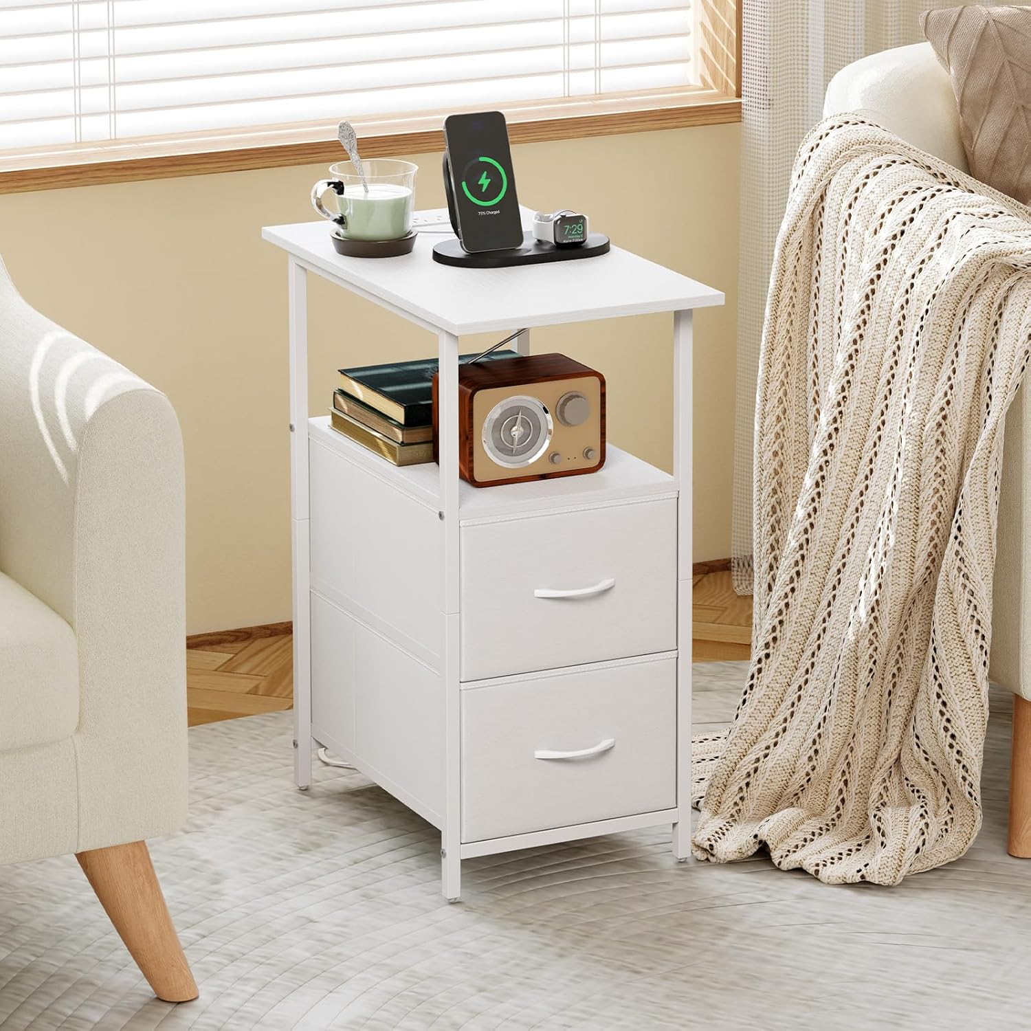Somdot End Table with Charging Station, Narrow Side Table with 2 Fabric Drawers, Skinny Nightstand with Storage, Small Slim Bedside Table for Living Room, Sofa, Bedroom, Couch, White Leather