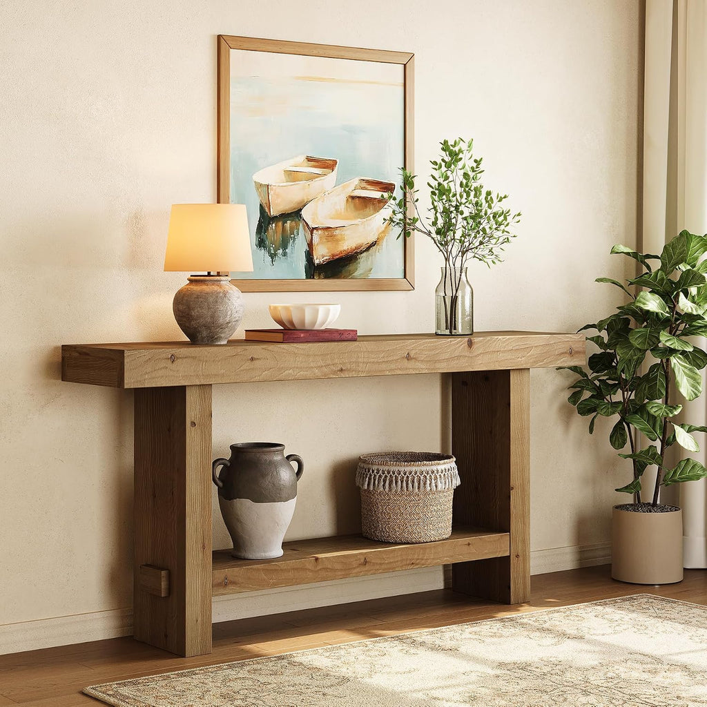 63-Inch Solid Wood Console Table, Narrow Farmhouse Entryway Table with 2-Tier Storage Shelf, for Hallway, Entrance, Living Room, Behind The Couch, Easy to Assemble, Brown