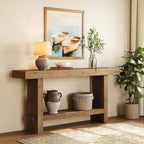 63-Inch Solid Wood Console Table, Narrow Farmhouse Entryway Table with 2-Tier Storage Shelf, for Hallway, Entrance, Living Room, Behind The Couch, Easy to Assemble, Brown