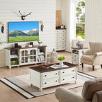 RWYHG Farmhouse TV Stand for 60 in TV, Entertainment Center for Living Room | Adjustable Shelves, Magnetic Glass Door, Sturdy Gourd Base, Wood Grain Top, High Capacity Storage Cabinet, White