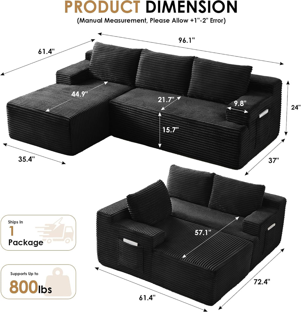 96" Sectional Couches for Living Room Cloud Couch Sofa with L-Shape Upholstered Couchs Modern Modular Sectional Couch with Chaise